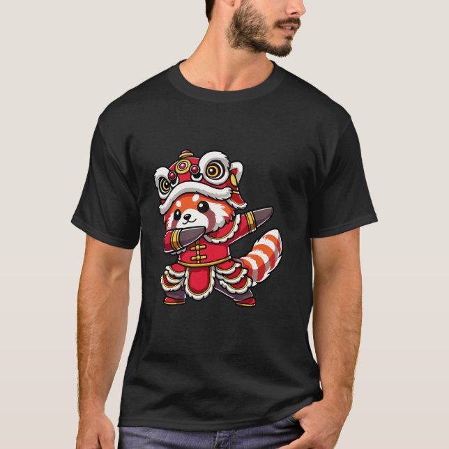 Chinese Lunar New Year 2025 Dabbing Red Panda Lion T-Shirt (Front)
