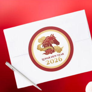 Chinese Lunar New Year 2026 Horse Red and Gold Classic Round Sticker