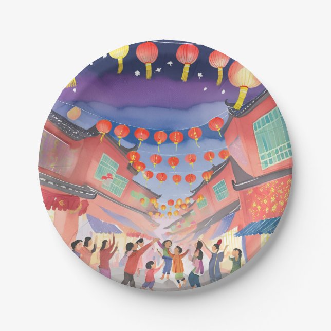 Chinese Lunar New Year | Celebration Watercolor Paper Plates (Front)