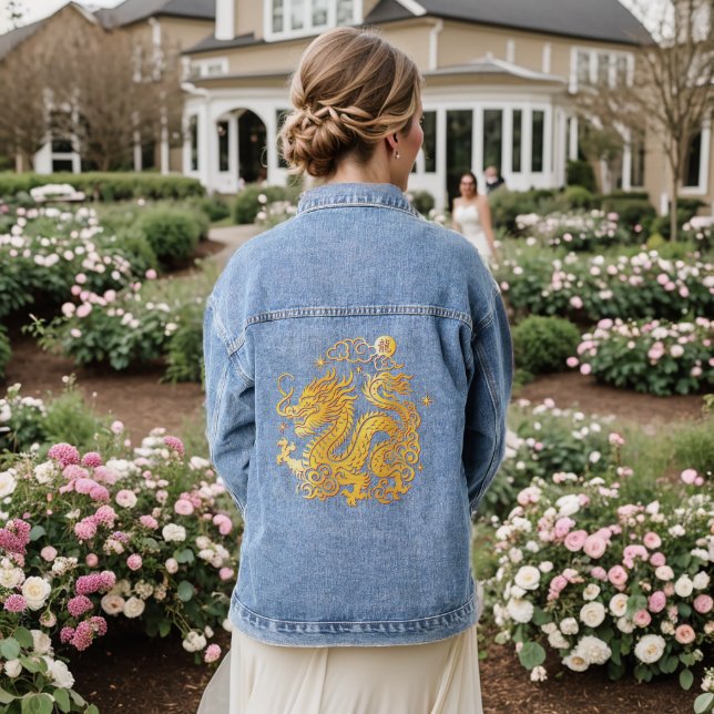 Chinese Lunar New Year Dragon 2024 Bold Gold Foil Denim Jacket (Wedding Back)