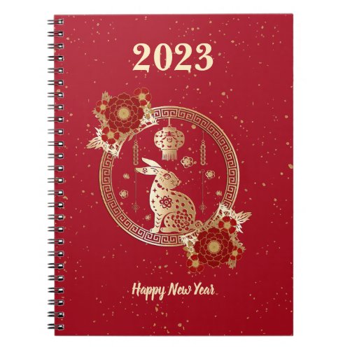 Chinese Lunar New Year Rabbit 2023 Red Gold Floral Notebook