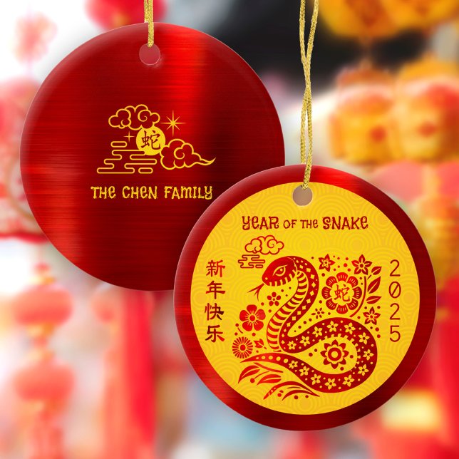 Chinese Lunar New Year Snake Red Foil Yellow 2025 Ceramic Ornament (Creator Uploaded)