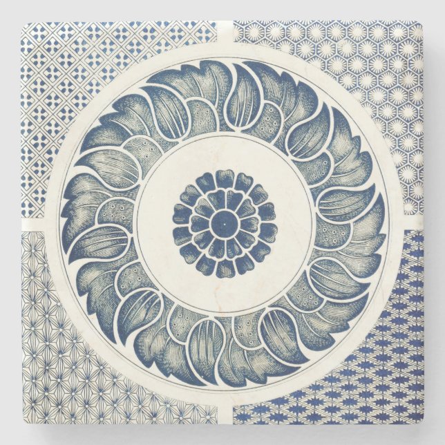 Chinese Medallion: Indigo Blue Chinoiserie Stone Coaster (Front)
