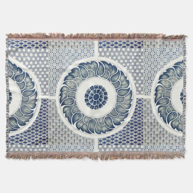 Chinese Medallion: Indigo Blue Chinoiserie Throw Blanket (Front)