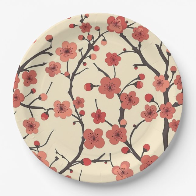 Chinese Meihua Coral Blossom Charcoal Branch Paper Plates (Front)