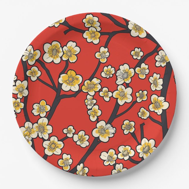 Chinese Meihua White Plum Blossom Crimson Pattern Paper Plates (Front)