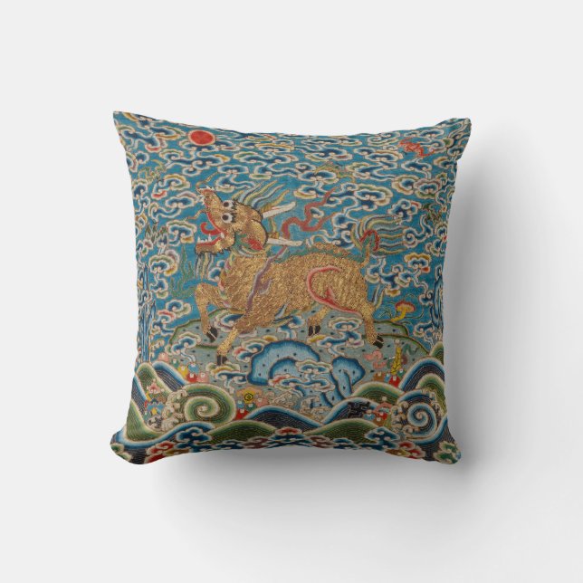 Chinese Military Rank Badge with Stylized Animal Throw Pillow (Front)