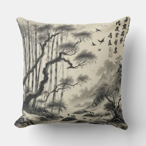 Chinese nature art grey throw pillow