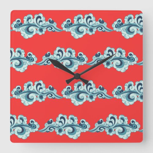 Chinese New Lunar Year Clouds Pattern Red Square Wall Clock