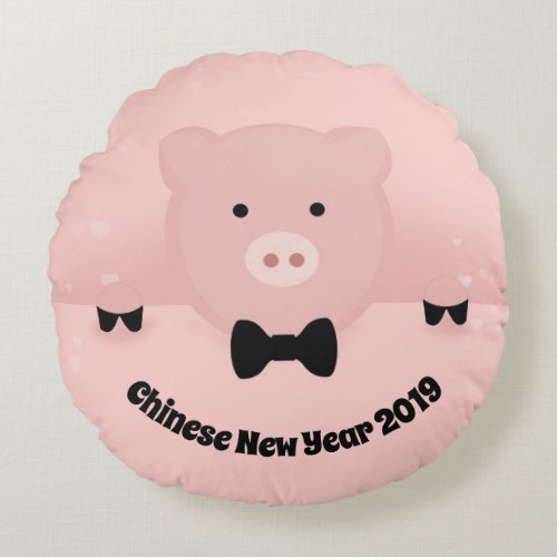 Chinese New Year 2019 Earth Pig in a Bow Tie Round Pillow