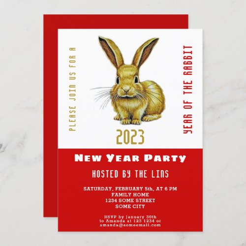 Chinese New Year 2023 Gold Rabbit Red Party Invitation