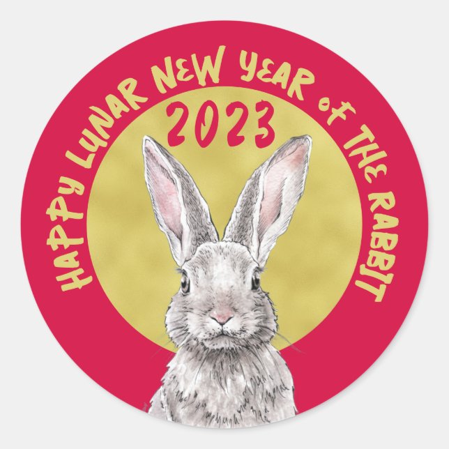 Chinese New Year 2023 Rabbit Bunny Animal Red Gold Classic Round Sticker (Front)