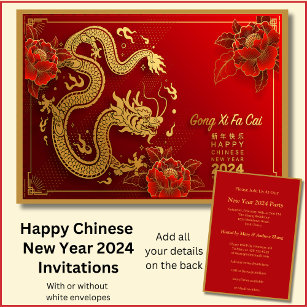 Chinese New Year 2024 Add Name, Red Gold Dragons Invitation