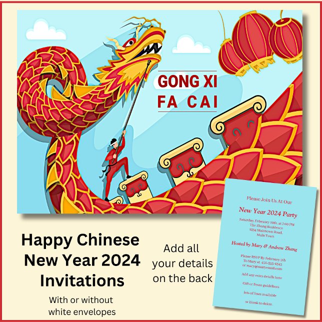 Chinese New Year 2024 Add Name, Red Gold Dragons Invitation (Creator Uploaded)