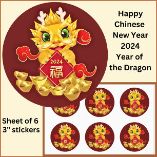 Chinese New Year 2024 Dragon Gold Red Large 3" Classic Round Sticker