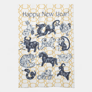 Chinese New Year Animals Zodiac Minimal Blue Gold Kitchen Towel