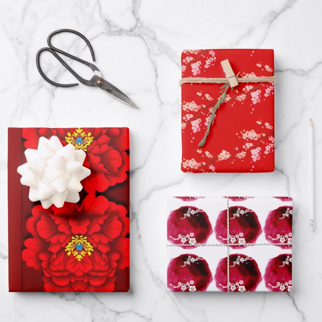 Chinese New Year Blossoms pattern 3SWP Wrapping Paper Sheets (Front)