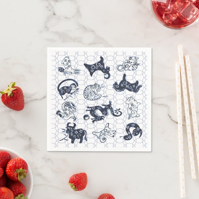 Chinese New Year Blue Animal Zodiac Symbols Napkins (Insitu)