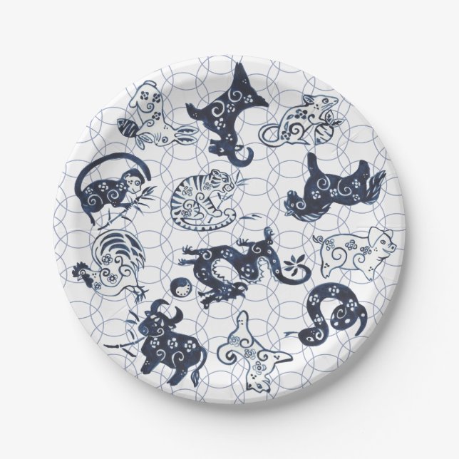 Chinese New Year Blue Animal Zodiac Symbols Paper Plates (Front)