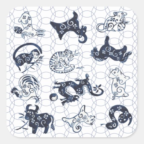 Chinese New Year Blue Animal Zodiac Symbols Square Sticker