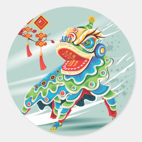 Chinese New Year Blue Lion Dancer Classic Round Sticker