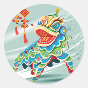 Chinese New Year Blue Lion Dancer Classic Round Sticker