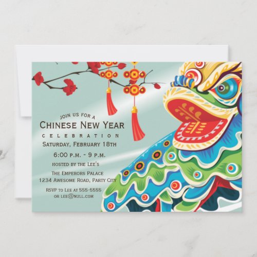 Chinese New Year Blue Lion Dancer Invitation