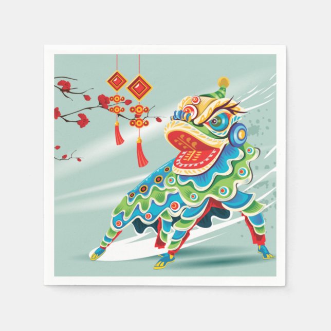 Chinese New Year Blue Lion Dancer Napkins (Front)
