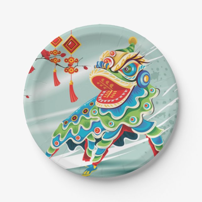 Chinese New Year Blue Lion Dancer Paper Plates (Front)