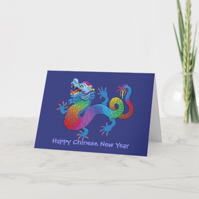 Chinese New Year card with colorful dragon on blue (Front)