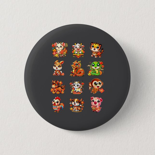 Chinese New Year Cute 12 Zodiac Animal Signs Lunar Button (Front)