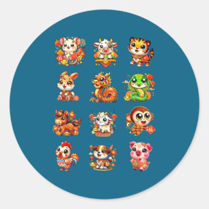 Chinese New Year Cute 12 Zodiac Animal Signs Lunar Classic Round Sticker