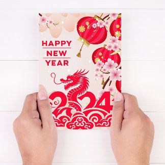 Chinese New Year Dragon 2024 Lunar New Year Pink Holiday Card