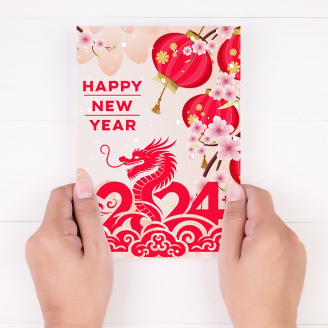 Chinese New Year Dragon 2024 Lunar New Year Pink Holiday Card (Chinese New Year 2024)