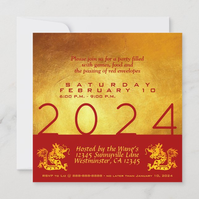 Chinese New Year Dragon 2024 Red Gold Party SqC Invitation (Back)