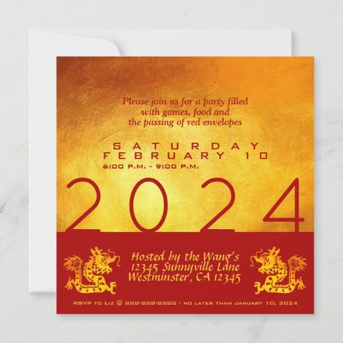 Chinese New Year Dragon 2024 Red Gold Party SqC Invitation