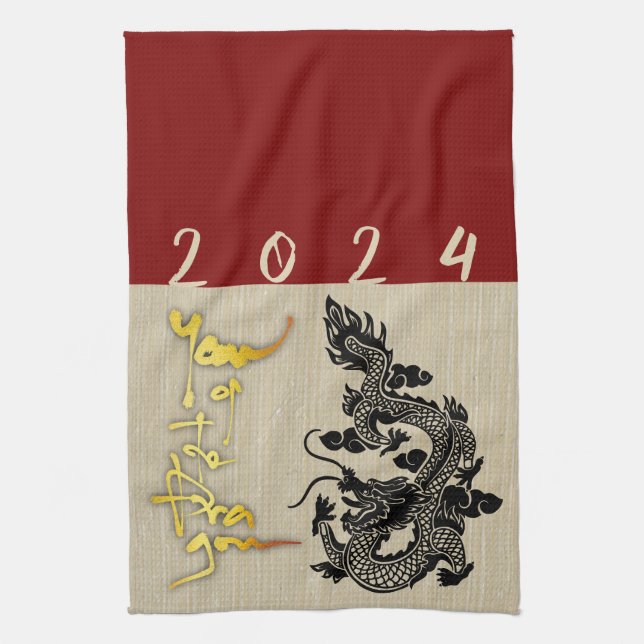 Chinese New Year Dragon Black paper-cut Zodiac KT2 Kitchen Towel (Vertical)