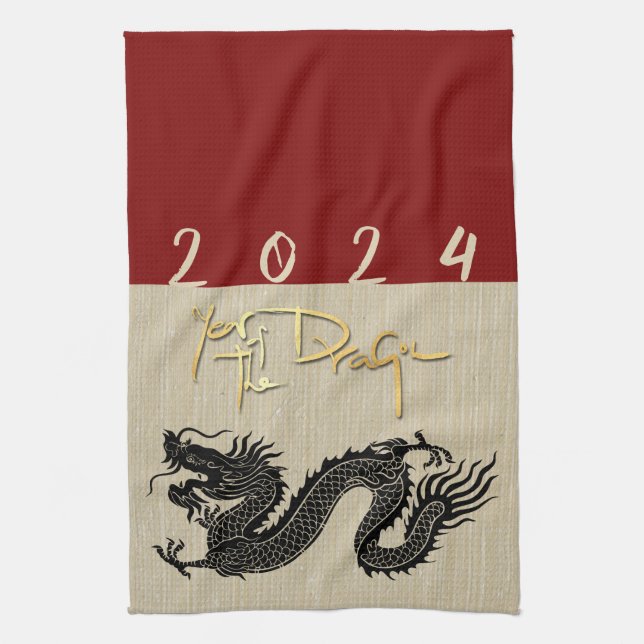Chinese New Year Dragon Black paper-cut Zodiac KT Kitchen Towel (Vertical)