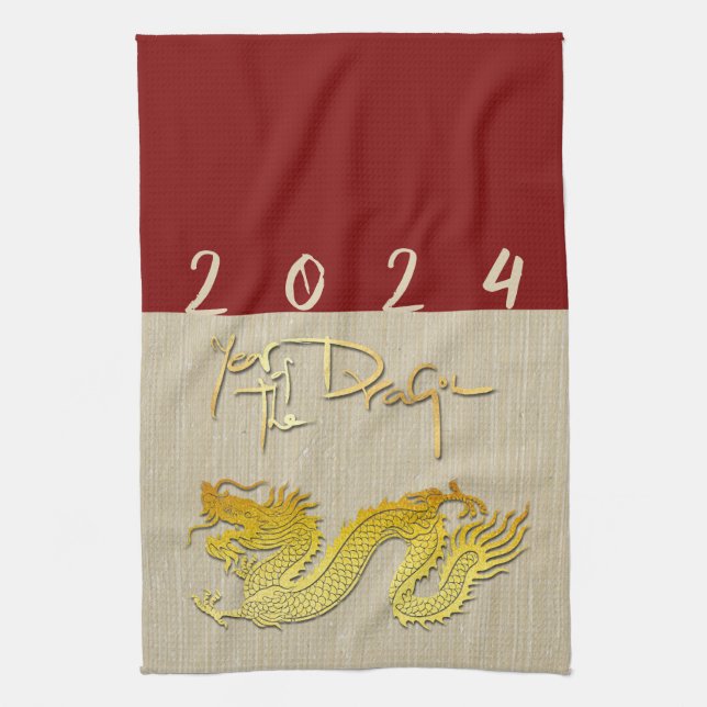 Chinese New Year Dragon gold paper-cut Zodiac KT Kitchen Towel (Vertical)