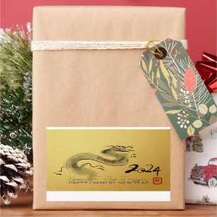 Chinese New Year Dragon Original Painting Gold SqS Rectangular Sticker
