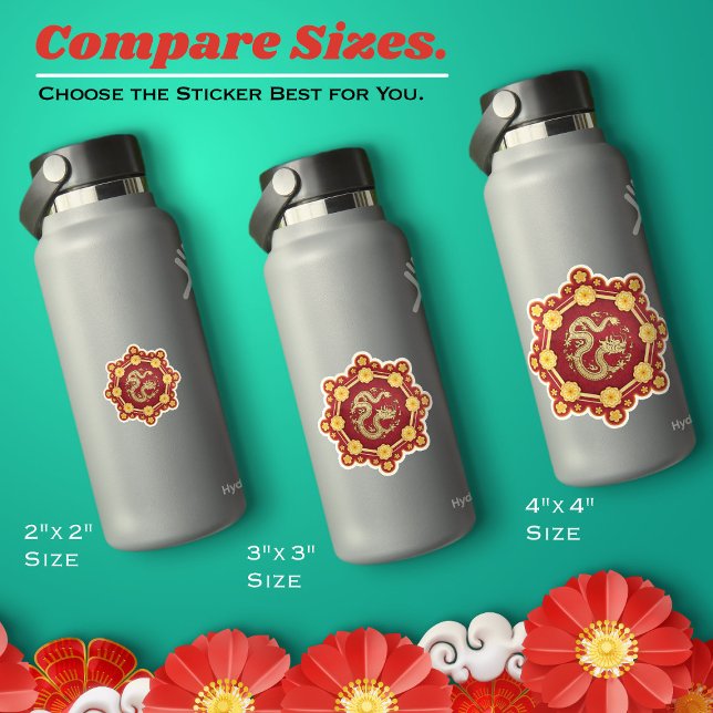 Chinese New Year Eight Lucky Golden Flowers Dragon Sticker (Chinese New Year Sticker–Eight Lucky Golden Flowers and Dragon–Available in six different sizes.)