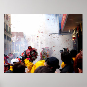 Chinese New Year Firecrackers & Lions Poster