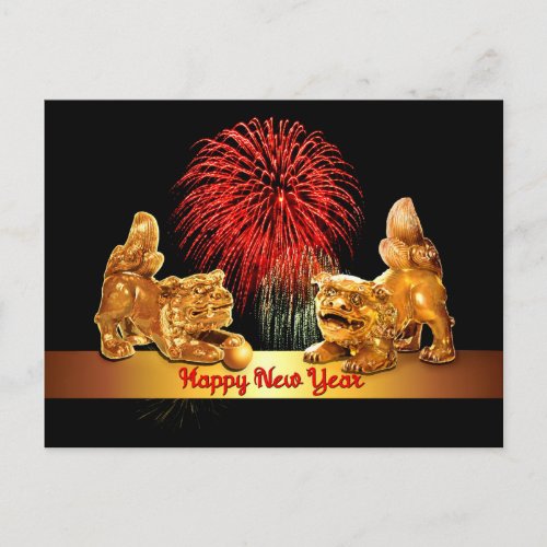 Chinese New Year Foo Dogs and Fireworks Holiday Postcard