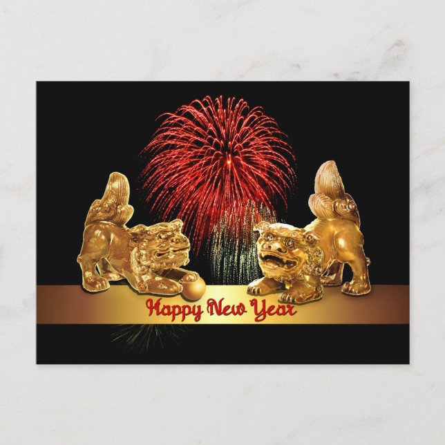 Chinese New Year Foo Dogs and Fireworks Holiday Postcard (Front)