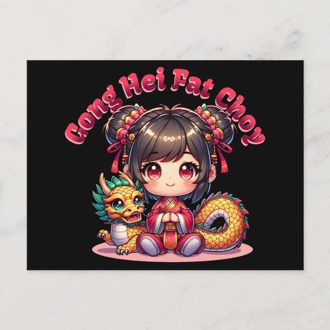 Chinese New Year Girl & Dragon Postcard (Front)
