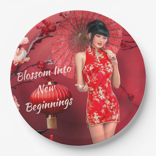 Chinese New Year Girl with a Red Umbrella Paper Plates (Front)