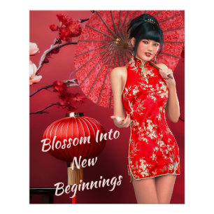 Chinese New Year Girl with a Red Umbrella Poster