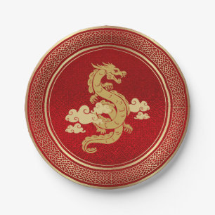 Chinese New Year Gold Dragon and Red Foil Paper Plates