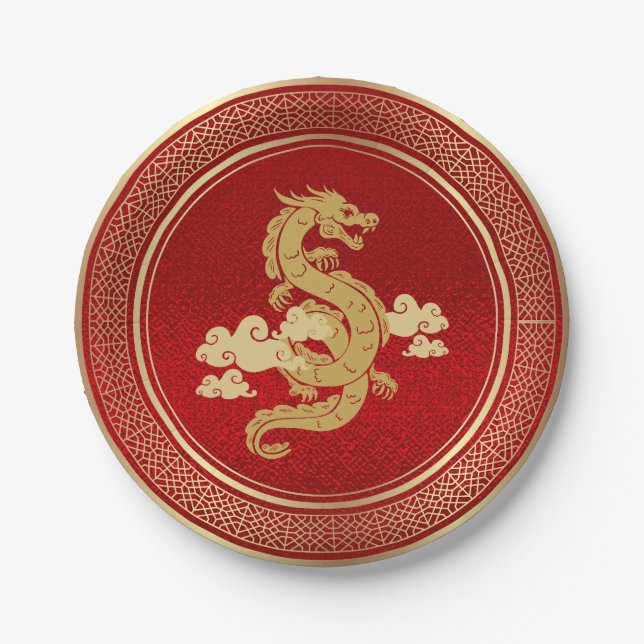 Chinese New Year Gold Dragon and Red Foil Paper Plates (Front)