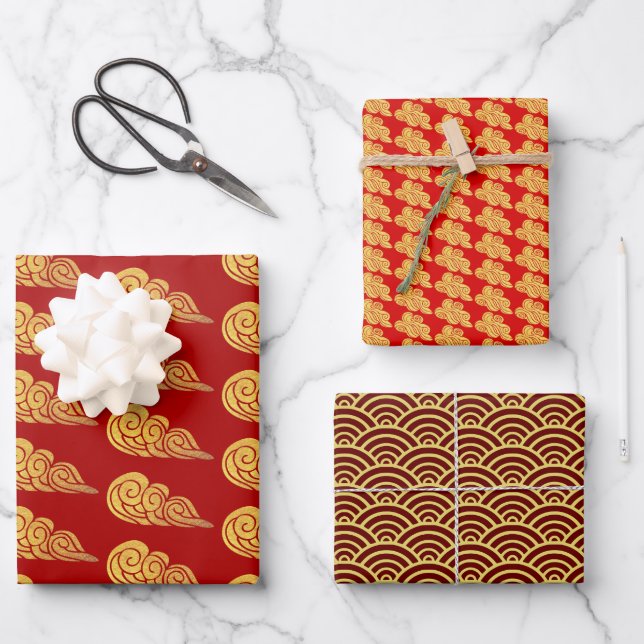 Chinese New Year Golden Auspicious Clouds Pattern  Wrapping Paper Sheets (Front)